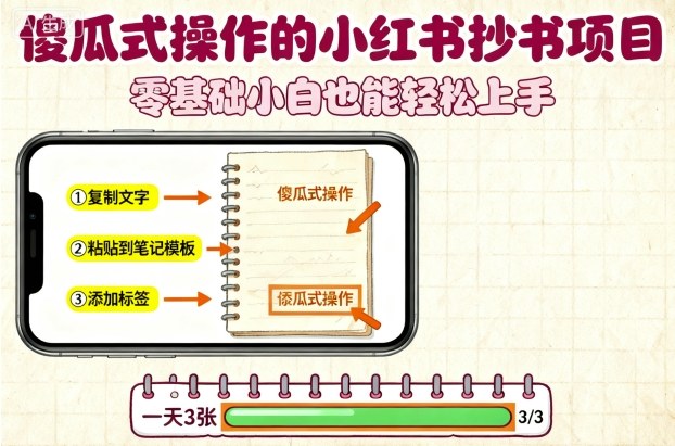 傻瓜式操作的小红书抄书项目，会复制粘贴就行，零基础小白也能一天3张-瀚洪创业网