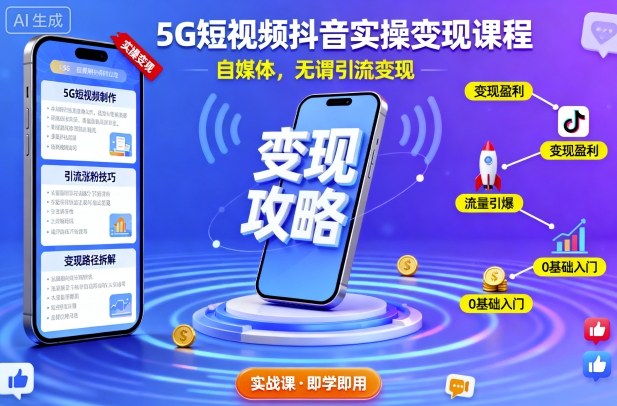 5G短视频抖音实操变现课程，自媒体，无谓引流变现-瀚洪创业网