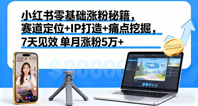 小红书零基础涨粉秘籍，赛道定位+IP打造+痛点挖掘，7天见效 单月涨粉5万+-瀚洪创业网