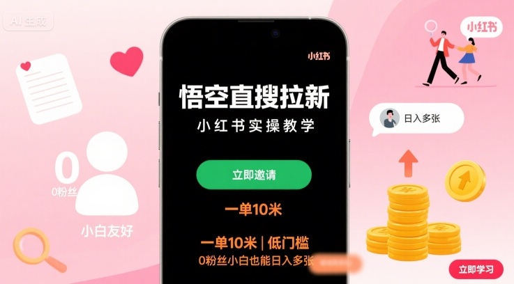 悟空直搜拉新小红书实操教学，一单10米，低门槛，0粉丝小白也能日入多张-瀚洪创业网