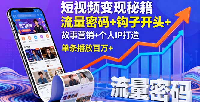 短视频变现秘籍，流量密码+钩子开头+故事营销+个人IP打造，单条播放百万+-瀚洪创业网