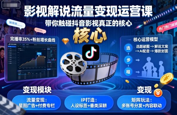 影视解说流量变现运营课，带你触碰抖音影视真正的核心-瀚洪创业网