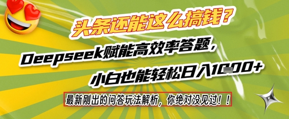 头条还能这么搞钱？最新刚出的问答玩法解析，你绝对没见过！Deepseek赋能高效率答题，小白也能轻松日入1k+-瀚洪创业网