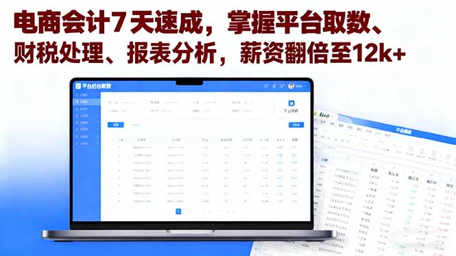 电商会计7天速成，掌握平台取数、财税处理、报表分析，薪资翻倍至12k+-瀚洪创业网