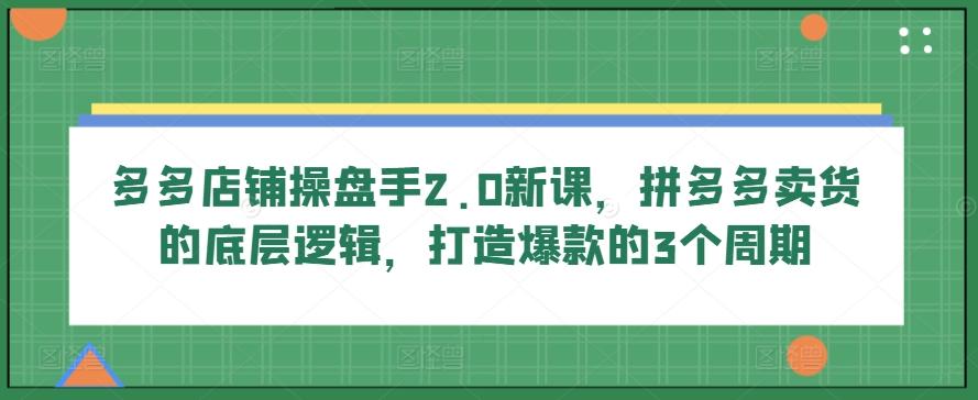 多多店铺操盘手2.0新课，拼多多卖货的底层逻辑，打造爆款的3个周期-瀚洪创业网