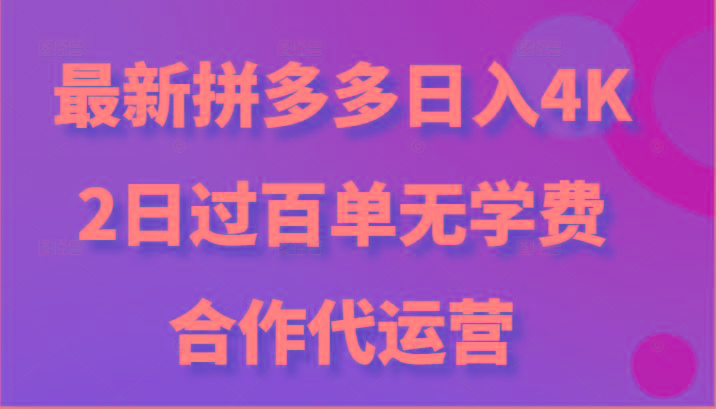 最新拼多多，日入4K+，2日过百单无学费，合作代运营-瀚洪创业网