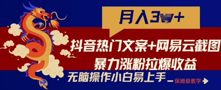 抖音热门文案+网易云截图暴力涨粉拉爆收益玩法，小白无脑操作，简单易上手【揭秘】-瀚洪创业网