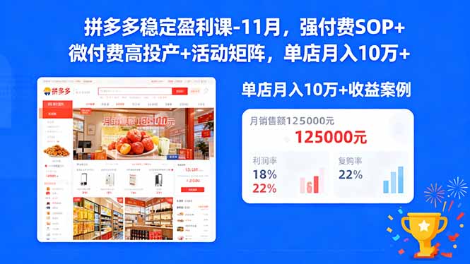 拼多多稳定盈利课-11月，强付费SOP+微付费高投产+活动矩阵，单店月入10w+-瀚洪创业网