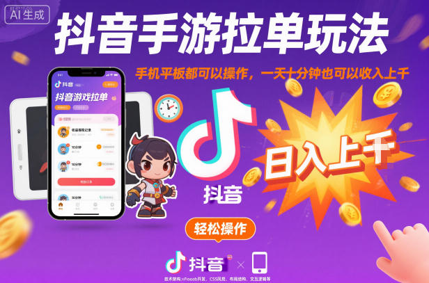 抖音手游拉单玩法，手机平板都可以操作，一天十分钟也可以收入上K【揭秘】-瀚洪创业网