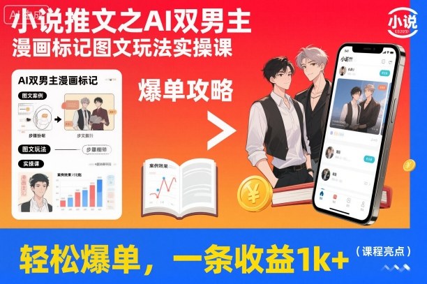 小说推文之AI双男主漫画标记图文玩法实操课，轻松爆单，一条收益1k+-瀚洪创业网