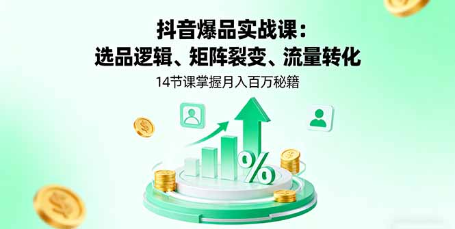抖音爆品实战课：选品逻辑、矩阵裂变、流量转化，14节课掌握月入百万秘籍-瀚洪创业网