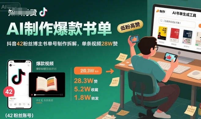 AI制作爆款书单，抖音42粉丝博主书单号制作拆解，单条视频28W赞-瀚洪创业网