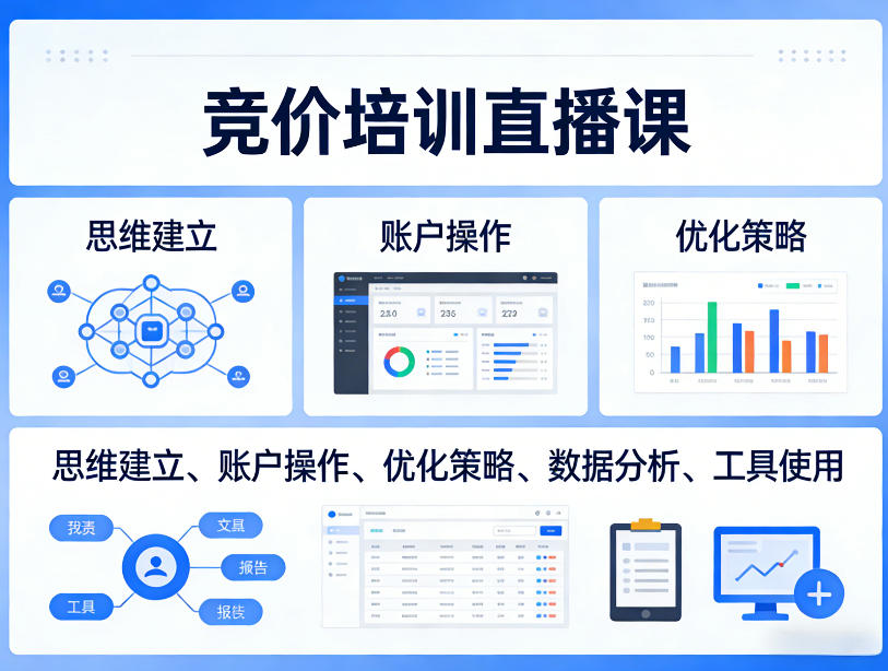 竞价培训直播课，覆盖思维建立、账户操作、优化策略、数据分析、工具使用等，全方位提升效果-瀚洪创业网