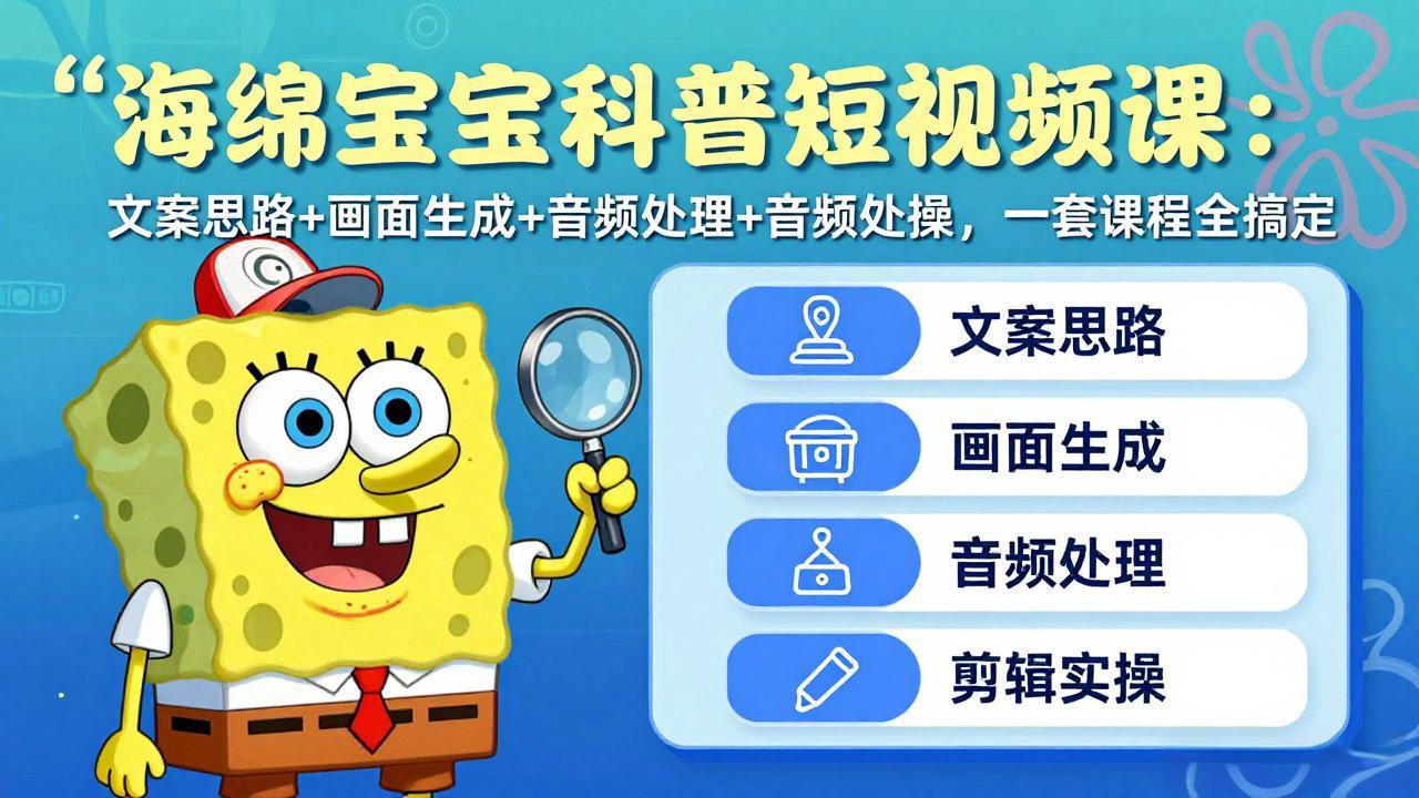 海绵宝宝科普短视频课：文案思路+画面生成+音频处理+剪辑实操，一套课程全搞定-瀚洪创业网