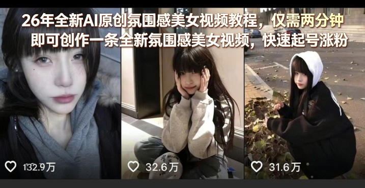 26年全新AI原创氛围感美女视频教程，仅需两分钟即可创作一条全新氛围感美女视频，快速起号涨粉-瀚洪创业网
