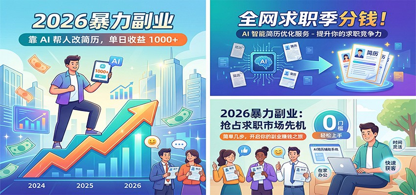 2026暴力副业：靠AI帮人改简历，单日收益1000+，全网求职季分钱-瀚洪创业网