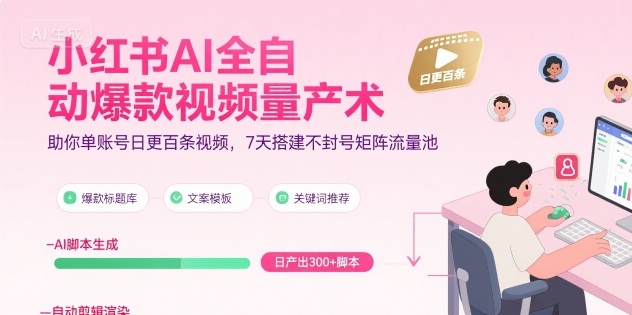 小红书AI全自动爆款视频量产术，助你单账号日更百条视频，7天搭建不封号矩阵流量池-瀚洪创业网