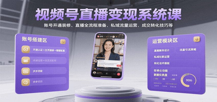 视频号直播变现系统课，账号开通装修、直播全流程准备、私域流量运营、成交转化技巧等-瀚洪创业网
