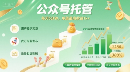 【公众号托管 】我提供文章，你发布，每天5分钟，单篇最高收益1k+【揭秘】-瀚洪创业网