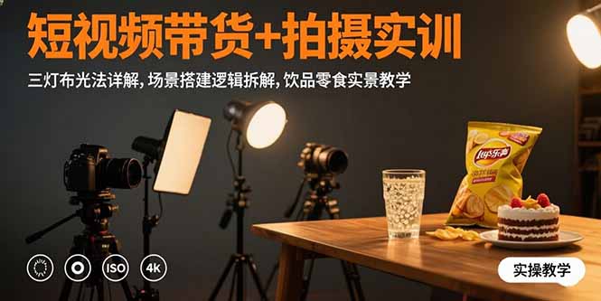 短视频带货+拍摄实训：三灯布光法详解,场景搭建逻辑拆解,饮品零食实景教学-瀚洪创业网