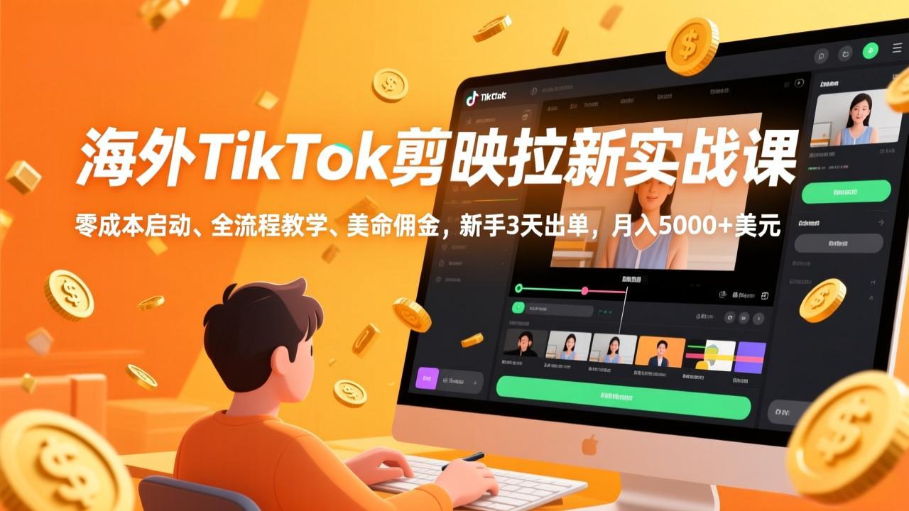 海外TikTok剪映拉新实战课，零成本启动、全流程教学、美金佣金，新手3天出单，月入5000+美元-瀚洪创业网