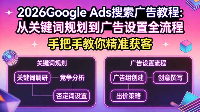 2026Google Ads搜索广告教程：从关键词规划到广告设置全流程，手把手教你精准获客-瀚洪创业网