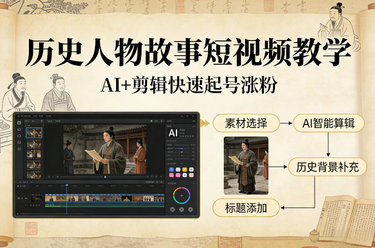 历史人物故事短视频教学，AI+剪辑制作历史人物题材短视频，快速起号涨粉-瀚洪创业网