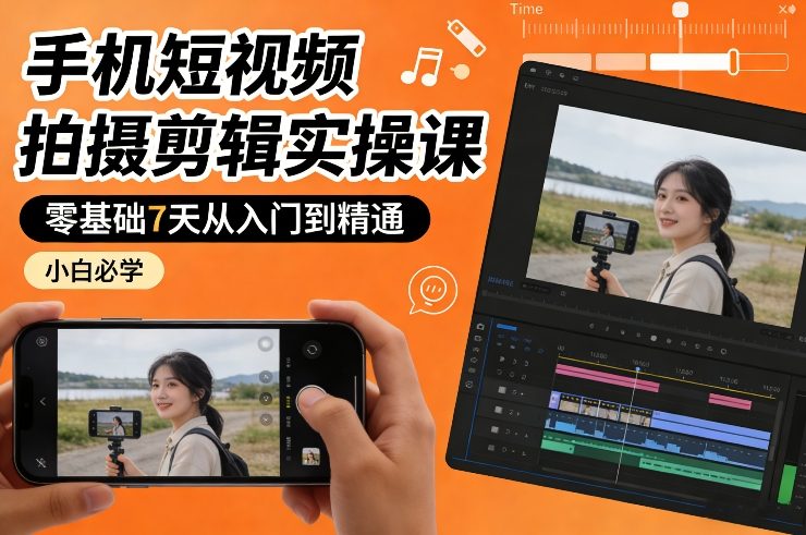 手机短视频拍摄剪辑实操课，零基础7天从入门到精通，小白必学-瀚洪创业网