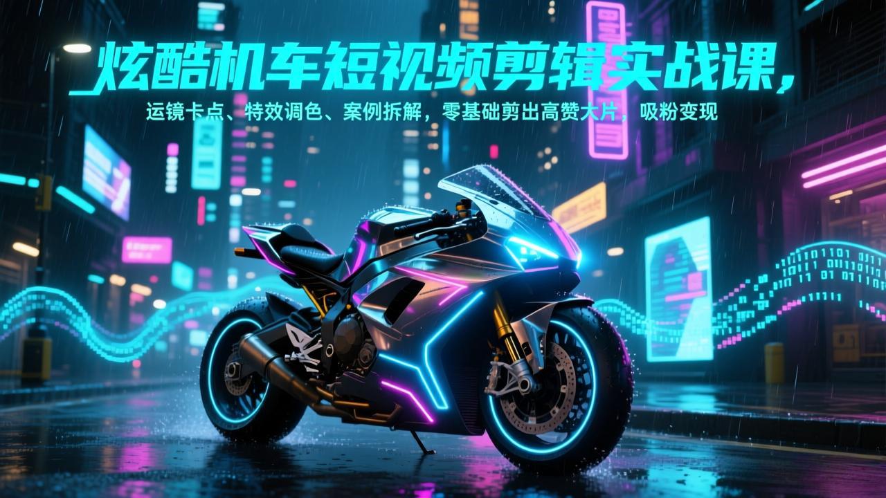 炫酷机车短视频剪辑实战课，运镜卡点、特效调色、案例拆解，零基础剪出高赞大片，吸粉变现-瀚洪创业网