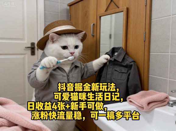 抖音掘金新玩法，可爱猫咪生活日记，日收益4张+新手可做，涨粉快流量稳，可一稿多平台-瀚洪创业网