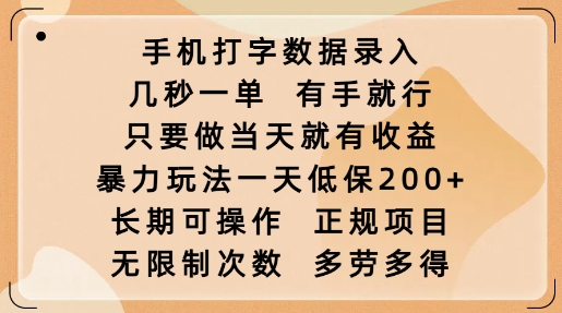 手机打字数据录入，几秒一单，有手就行，只要做当天就有收益，暴力玩法一天低保2张-瀚洪创业网