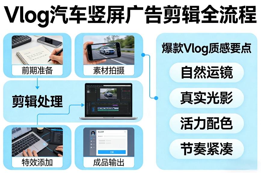 Vlog感觉汽车竖屏广告剪辑脚本全流程，拿捏爆款Vlog质感-瀚洪创业网