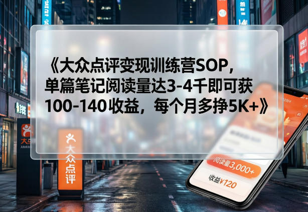 大众点评变现训练营SOP，单篇笔记阅读量达3-4千即可获100-140收益，每个月多挣5K+-瀚洪创业网