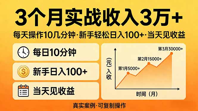 3个月实战收入3万+，每天操作10几分钟，新手轻松日入100+，当天见收益-瀚洪创业网