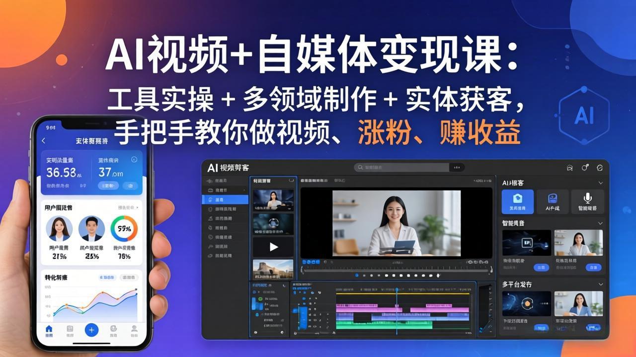 AI视频+自媒体变现课：工具实操 + 多领域制作 + 实体获客，手把手教你做视频、涨粉、赚收益-瀚洪创业网