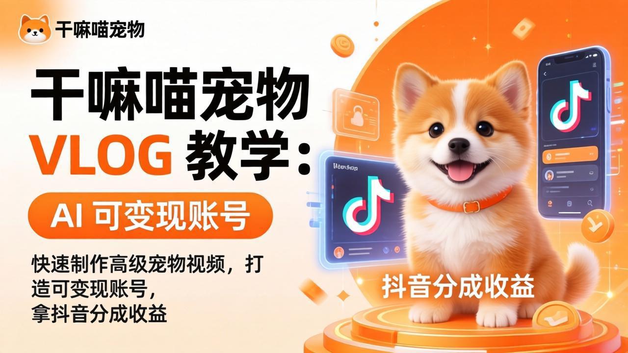 干嘛喵宠物 VLOG 教学：AI 快速制作高级宠物视频，打造可变现账号，拿抖音分成收益-瀚洪创业网