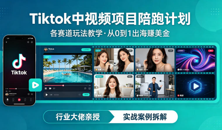 某大佬的Tiktok中视频项目陪跑，涵盖TK各个赛道玩法教学，从0到1出海賺美金-瀚洪创业网