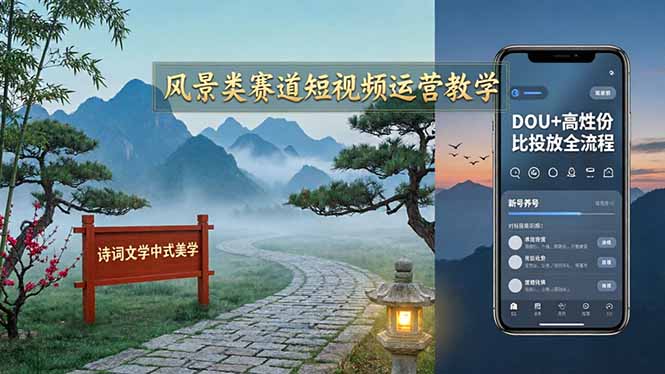 风景类赛道短视频运营教学：诗词文学中式美学，新号养号对标账号定位，DOU+高性价比投放全流程-瀚洪创业网