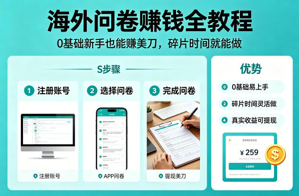 海外问卷賺钱全教程，0基础新手也能賺美刀，碎片时间就能做-瀚洪创业网