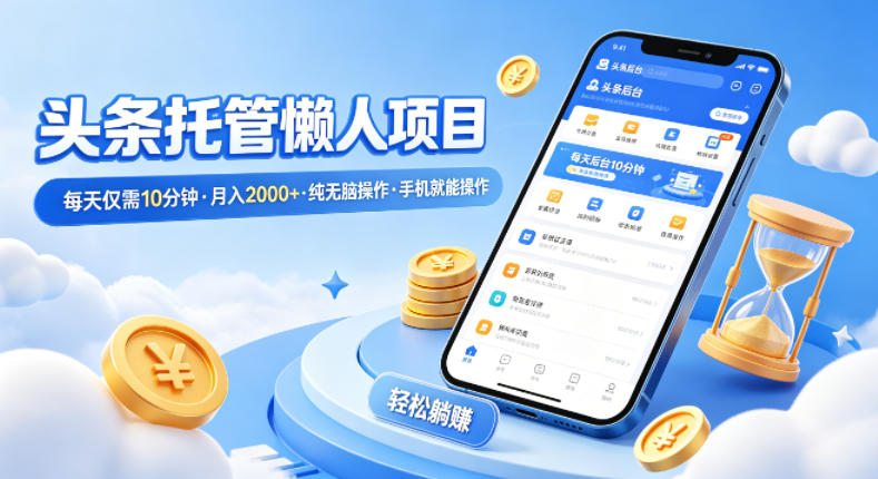 头条托管懒人项目，每天仅需10分钟，月入2000+，纯无脑操作，手机就能操作【揭秘】-瀚洪创业网