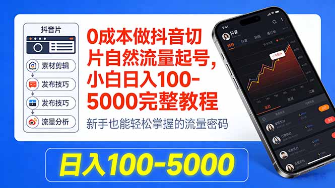 0成本做抖音切片自然流量起号，小白日入100-5000完整教程-瀚洪创业网