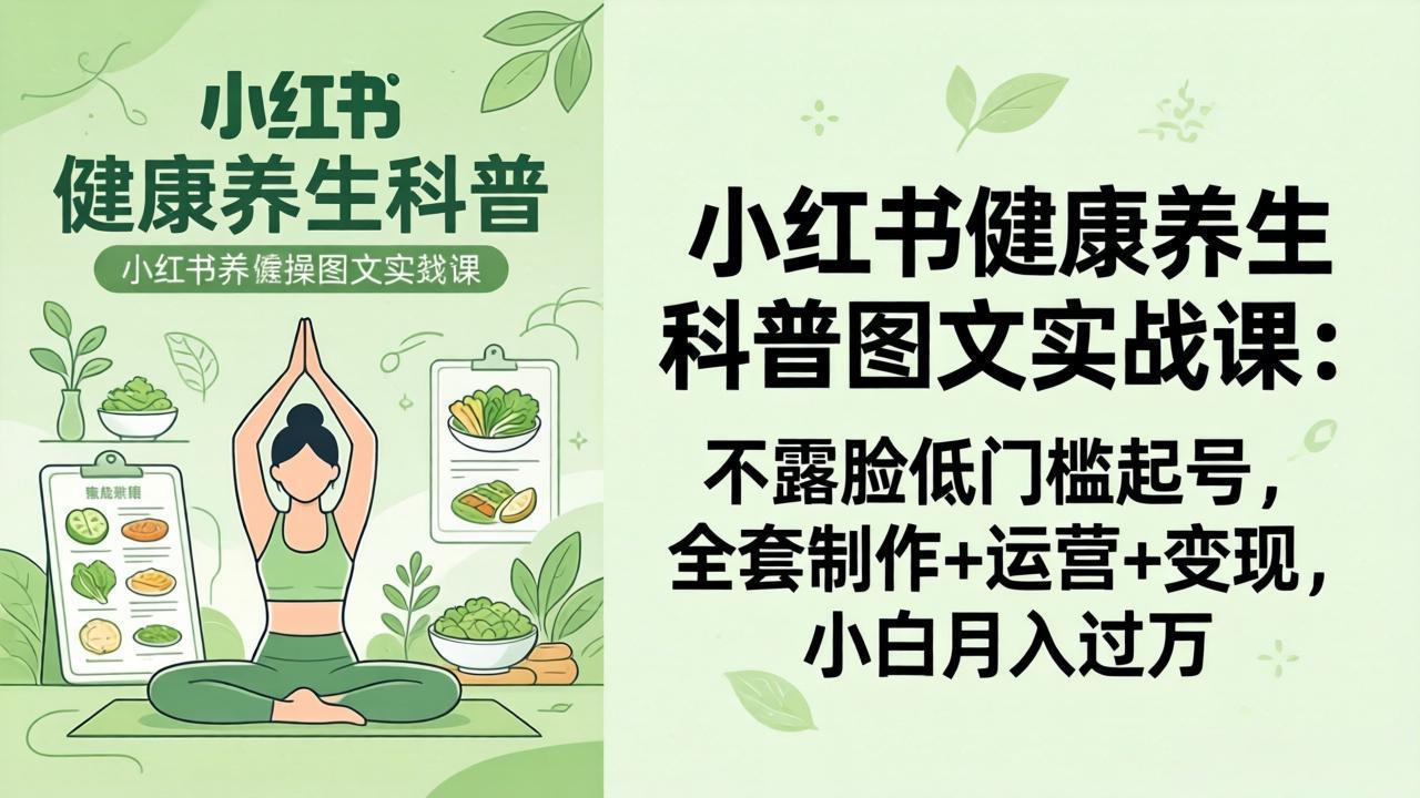 2026小红书健康养生科普图文实战课：不露脸低门槛起号，全套制作+运营+变现，小白月入过万-瀚洪创业网