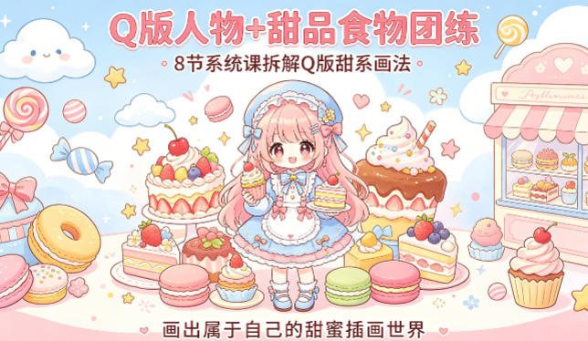 Q版人物+甜品食物团练，8节系统课拆解Q版甜系画法，画出属于自己的甜蜜插画世界-瀚洪创业网