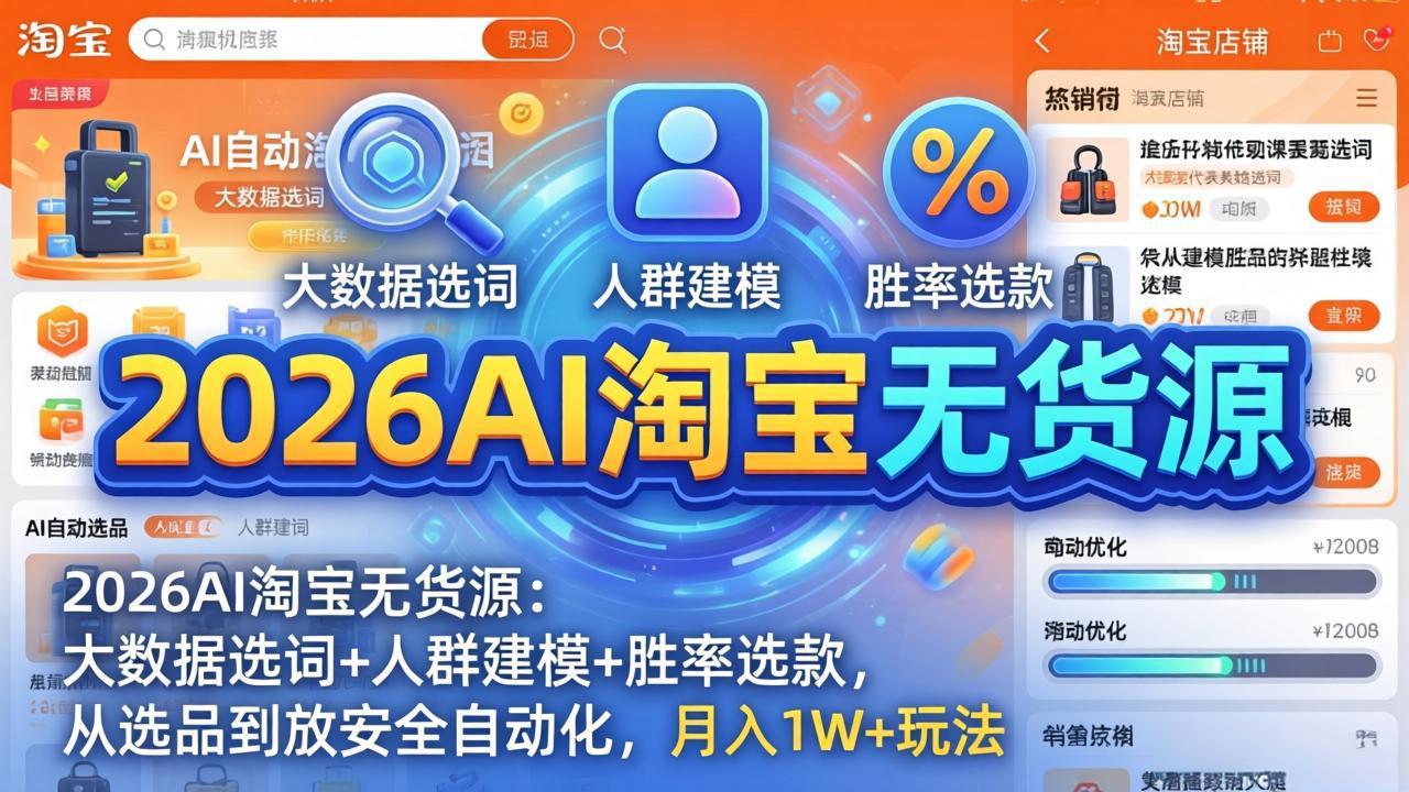 2026AI淘宝无货源-4月更新：大数据选词+人群建模+胜率选款，从选品到放大全自动化，月入1W+玩法-瀚洪创业网