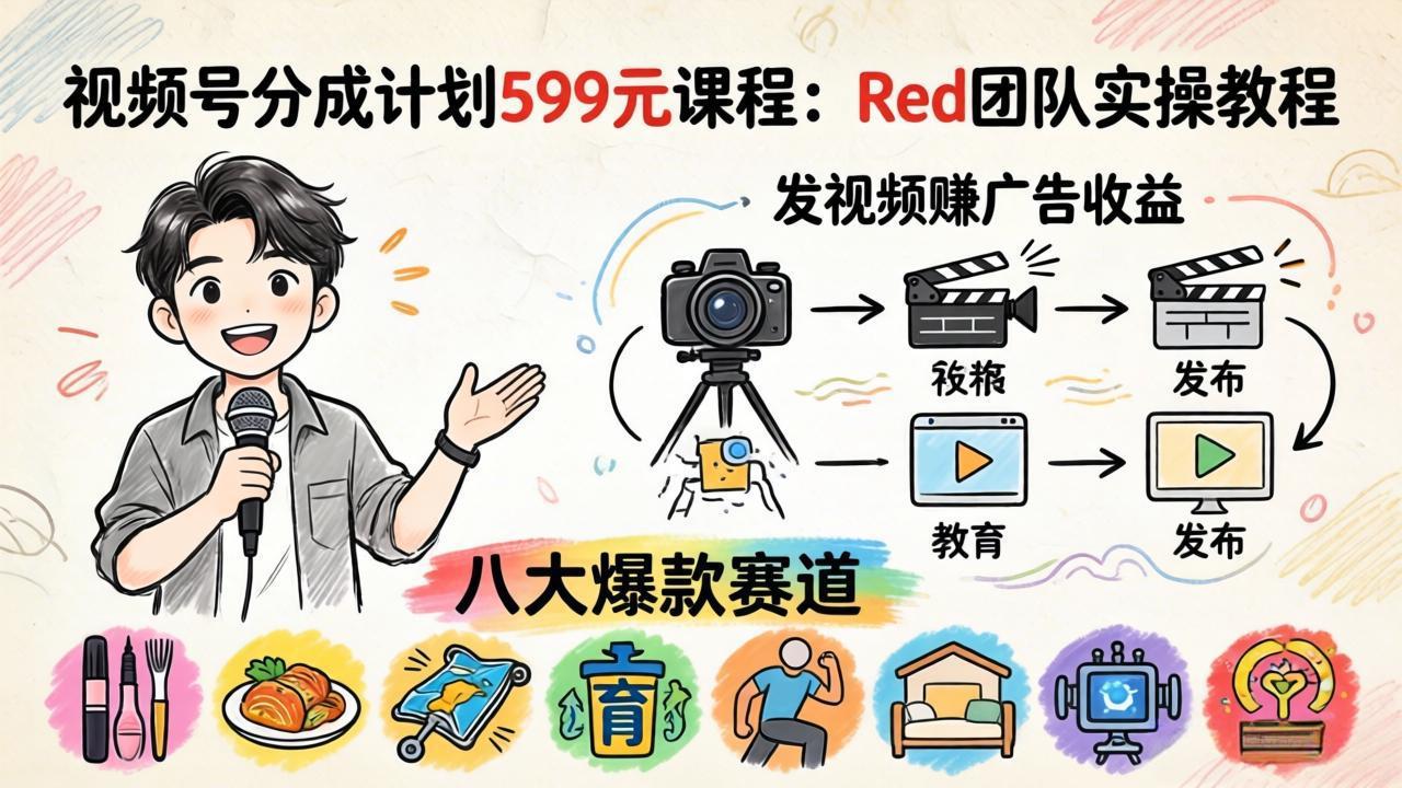 视频号分成计划599元课程：Red团队实操教程，发视频赚广告收益，八大爆款赛道全掌握-瀚洪创业网