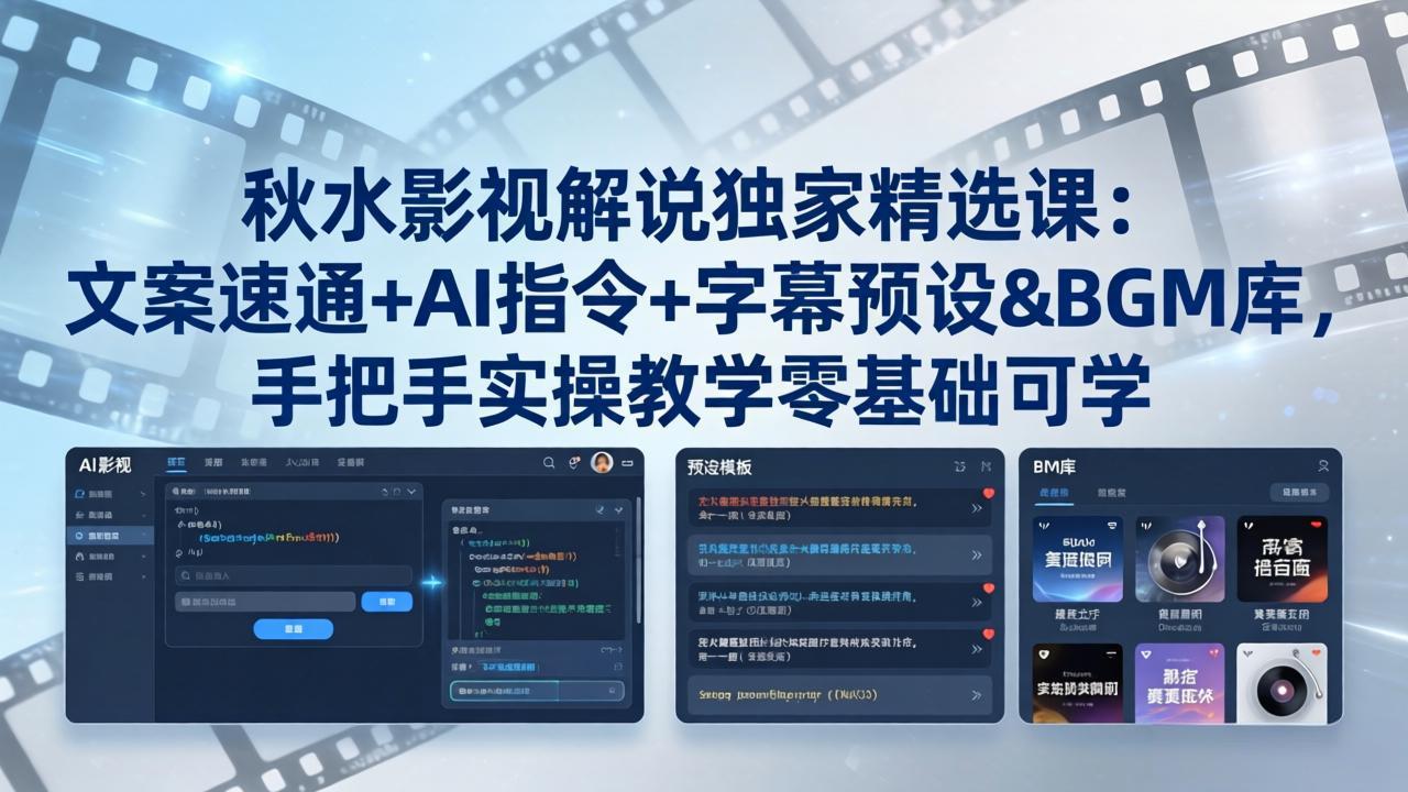 秋水影视解说独家精选课：文案速通+AI指令+字幕预设+BGM库，手把手实操教学零基础可学-瀚洪创业网