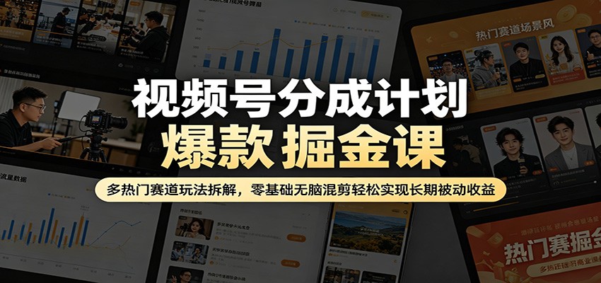 视频号分成计划爆款掘金课：多热门赛道玩法拆解，零基础无脑混剪轻松实现长期被动收益-瀚洪创业网