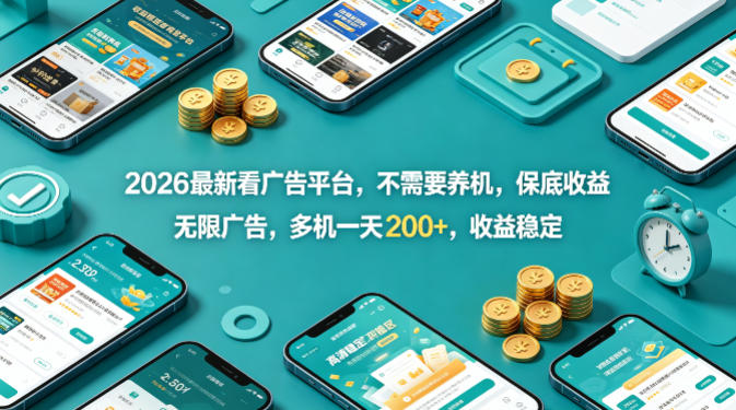 2026最新看广告平台，不需要养机，保底收益，无限广告，多机一天200+，收益稳定【揭秘】-瀚洪创业网