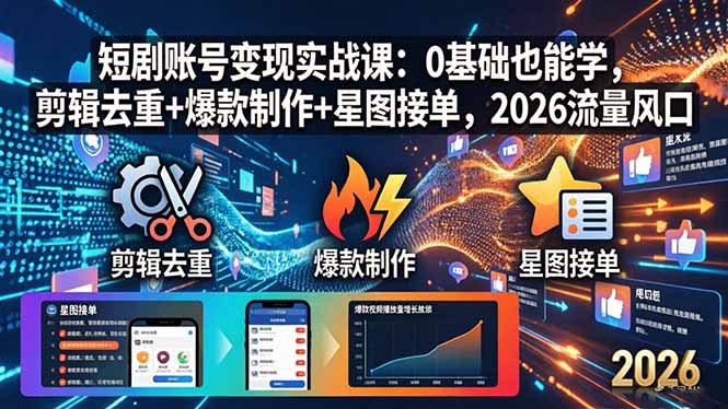 短剧账号变现实战课：0基础也能学，剪辑去重+爆款制作+星图接单，2026流量风口-瀚洪创业网