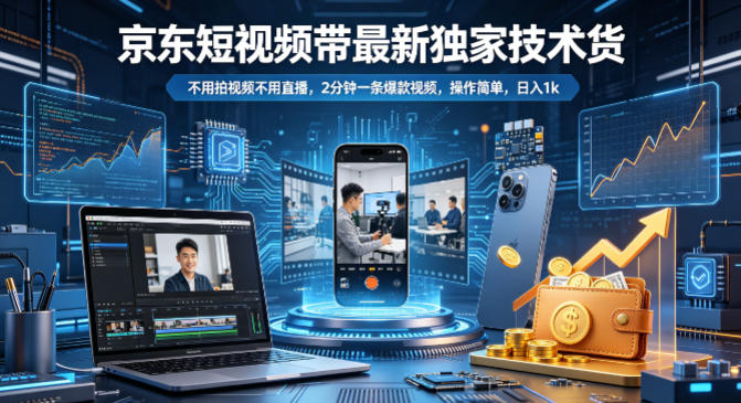 京东短视频带货最新独家技术，不用拍视频不用直播，2分钟一条爆款视频，操作简单，日入1k+【揭秘】-瀚洪创业网